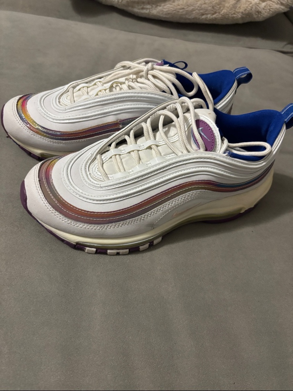 Nike White Air Max 97 with Rainbow Trim and Purple Accents